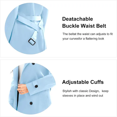 Vista 7 de FARVALUE Gabardina impermeable para mujer, rompevientos de doble botonadura, clásico con solapa con cinturón y capucha extraíble