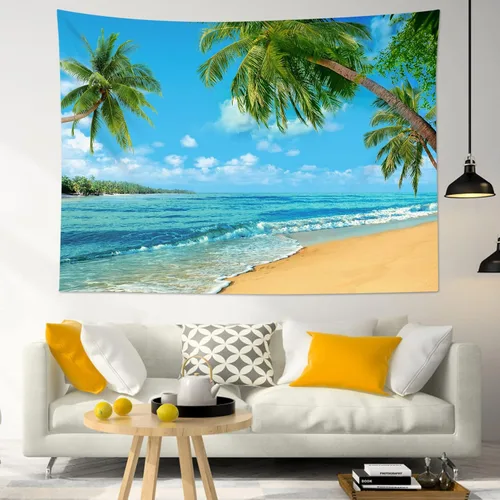 Vista 3 de HVEST Tapiz de playa para colgar en la pared, paisaje tropical azul océano, tapiz natural para dormitorio, palmera verde con cielo azul, nube