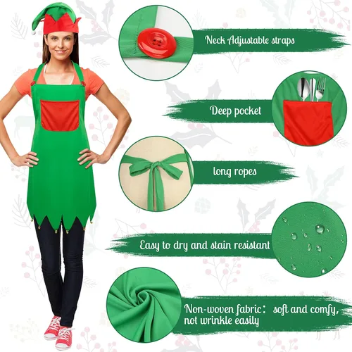 Vista 3 de LOVEINUSA Juego de delantal y sombrero de elfo de Navidad, delantales de Papá Noel, sombreros de cosplay para fiesta de Navidad, suministros