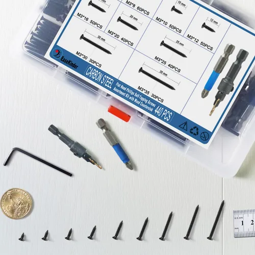 Vista 7 de Kit surtido de 440 piezas de tornillos de cabeza plana Phillips para madera, tornillos autorroscantes de acero al carbono con taladro para madera