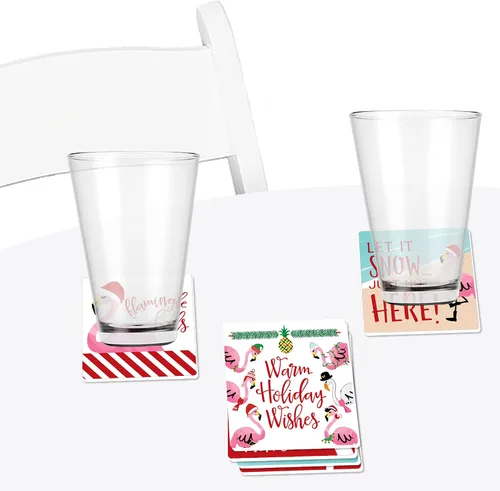 Vista 3 de Big Dot of Happiness Flamingle Bells - Divertidas decoraciones tropicales para fiestas de Navidad, posavasos para bebidas, juego de 6