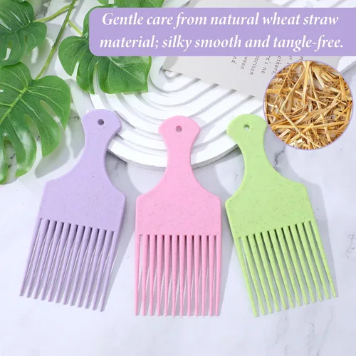 Vista 4 de Púas de pelo para mujer, 3 piezas, peine de plástico con dientes anchos afro para mujeres, herramientas de peinado rizado (color macarrón)