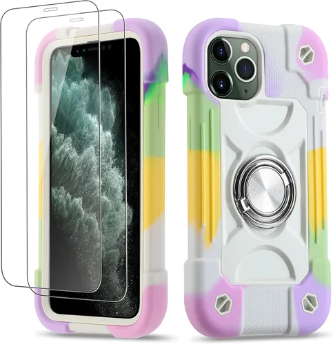 Vista 54 de Funda para iPhone 11 de 6.1 pulgadas con soporte de anillo, con 2 protectores de pantalla de vidrio, resistente a los golpes, resistente a