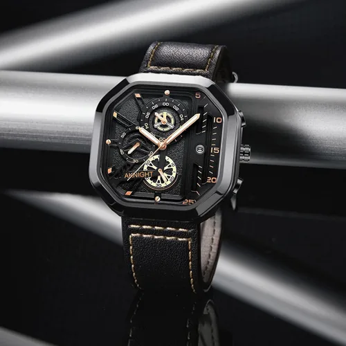 Vista 7 de BY BENYAR AKNIGHT Men's Square Watches with Black Leather Strap, Chronograph Function, Stylish Business Watch, Waterproof Luminous Casual Wrist