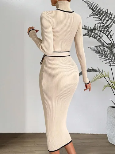Vista 2 de MakeMeChic Elegante vestido de suéter de manga larga con cinturón de cuello alto a rayas para mujer