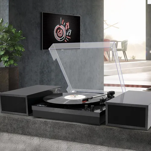 Vista 3 de Reproductor de discos de vinilo, tocadiscos para vinilos con altavoces externos, Perla Negra