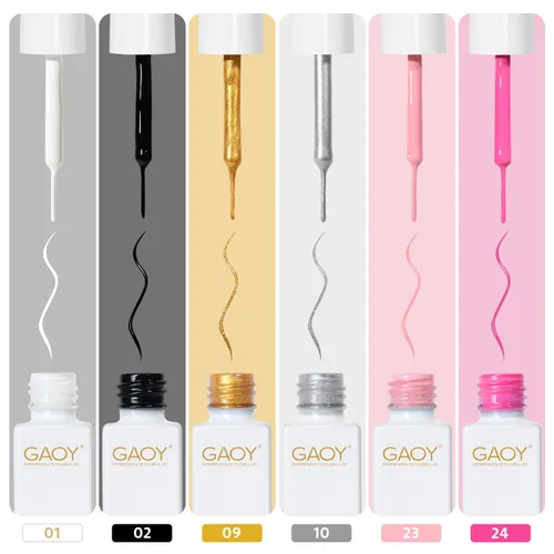 Vista 2 de GAOY Esmalte de uñas de gel, 6 colores clásicos, negro, blanco, dorado, plateado para diseño de pintura de uñas con pincel fino, manicura francesa