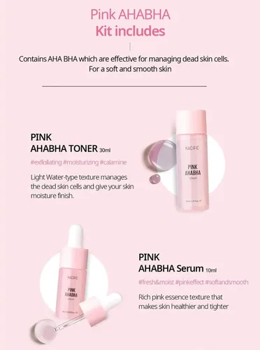 Vista 2 de Nacific Pink AHA BHA Kit (espuma limpiadora, tóner, suero, crema) Juego de cuidado de la piel tamaño viaje por KOSBEAUTY