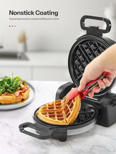 Vista 4 de Máquina para hacer gofres, plancha redonda clásica belga para gofres con diseño giratorio de 180°, placas antiadherentes y mango de tacto frío