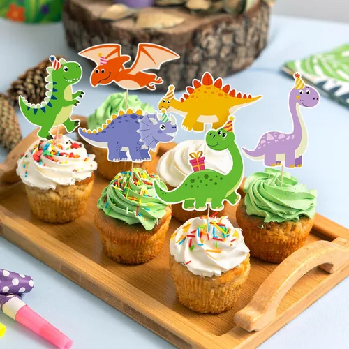 Vista 4 de 48 piezas de decoración de cupcakes de dinosaurio de dibujos animados para cupcakes con temática de dinosaurios para cumpleaños, baby shower