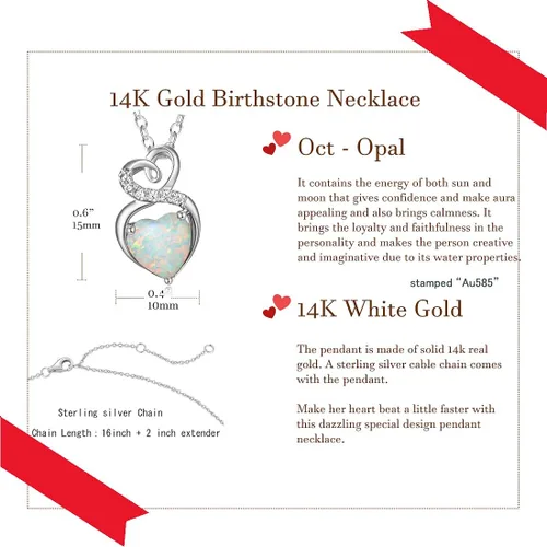 Vista 5 de FANCIME Collar de piedra natal de oro blanco sólido de 14 quilates con cadena de plata de ley, collar de corazón de piedras preciosas de 1.5