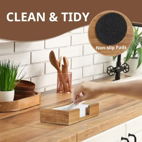 Vista 3 de Bandeja de soporte para toallas de invitados de madera de acacia para baño, servilletero para baño, soporte desechable de toalla de mano de papel
