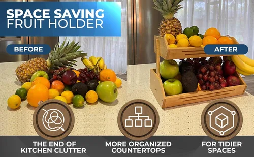 Vista 5 de Cesta de frutas de bambú de 2 niveles para encimera de cocina con ganchos para colgar plátanos, soporte de fruta de madera para encimera de cocina