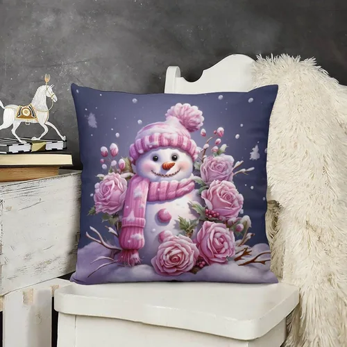 Vista 13 de Funda de cojín de muñeco de nieve con rosas rosadas, bufanda y sombrero, funda de almohada para cama, decoración moderna para sofá, dormitorio, sala