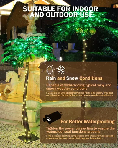 Vista 3 de TYBEEU Palmera iluminada de 1,5 metros con 136 luces LED con cocos brillantes - Atenuable, certificación UL, resistente al agua - Ideal