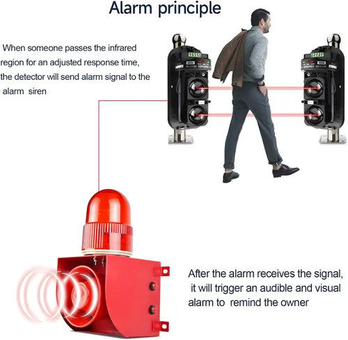 Vista 2 de Alarma de sirena industrial con sensor infrarrojo de haz invisible impermeable de 328.1 ft, 120 dB, volumen de tono ajustable, kit de alarma