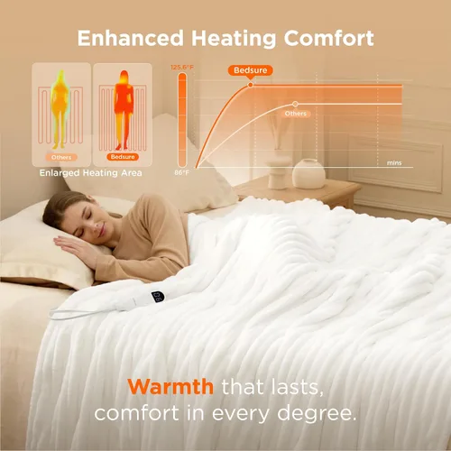 Vista 2 de Bedsure Manta eléctrica tamaño matrimonial – Manta térmica de franela gruesa a rayas con 6 ajustes de calor, 10 ajustes de tiempo, temporizador de 8