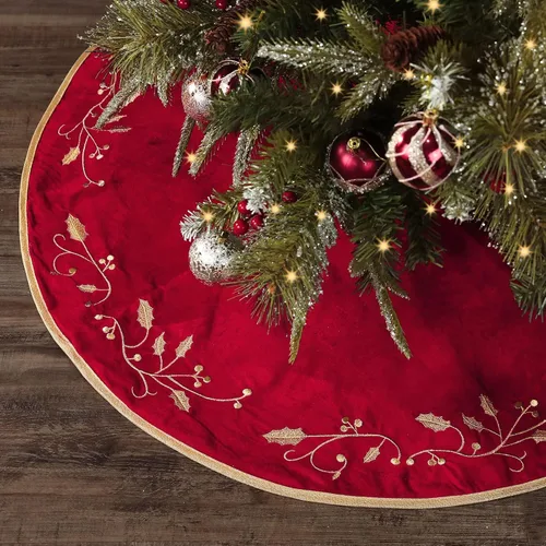 Vista 7 de Bunny Chorus Falda de árbol de Navidad, 24 pulgadas, faldas de piel de felpa de terciopelo rojo de lujo con hoja de acebo bordada dorada para árbol