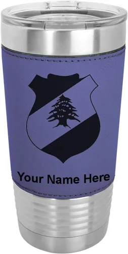 Vista 21 de LaserGram 20oz Vacuum Insulated Tumbler Mug, Coat of Arms Lebanon, Personalized Engraving Included (Faux Leather, Baseball Style)