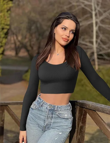 Vista 4 de OQQ Camiseta corta de 3 piezas para mujer, manga larga, cuello redondo, elástica, ajustada, para mujer