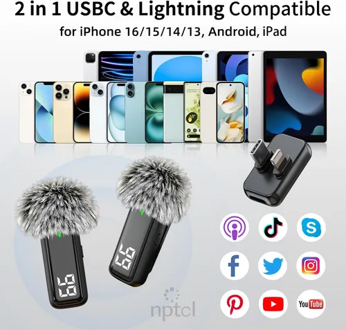 Vista 7 de NPTCL 2 en 1 Micrófono de solapa Lavalier inalámbrico para iPhone iPad Android Noise Canceling Clip Mic, LED Charge Display, 70Ft Transmission, 24