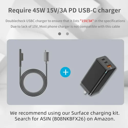 Vista 5 de Adaptador de carga rápida USB-C a Surface Pro, cable negro tipo C, requiere 15V/3A 45W PD USB-C cargador para Microsoft Surface Pro 7/6/5/4/3/X