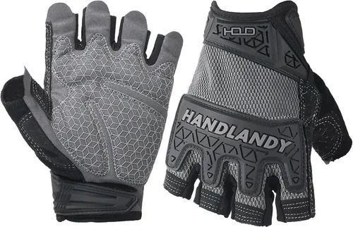 Vista 15 de HANDLANDY Guantes tácticos de impacto sin dedos para hombre, guantes de trabajo con agarre acolchado de medio dedo, guantes de conductor de Verde
