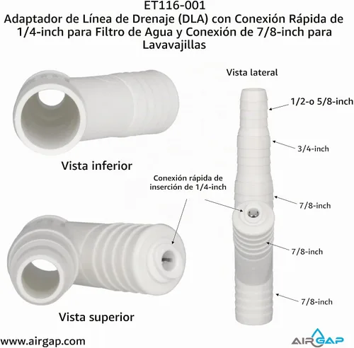Vista 4 de Adaptador de línea de drenaje (DLA) con ajuste de conexión rápida de 1/4 pulgadas para un filtro de agua y ajuste de 7/8 pulgadas para un