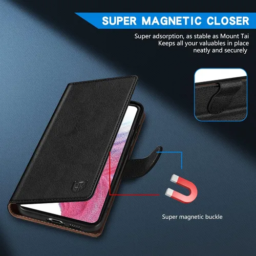 Vista 3 de ZZXX Funda tipo cartera para Samsung Galaxy A53 5G con bloqueo RFID, ranura para tarjetas, función atril, cierre magnético, funda protectora de Negro