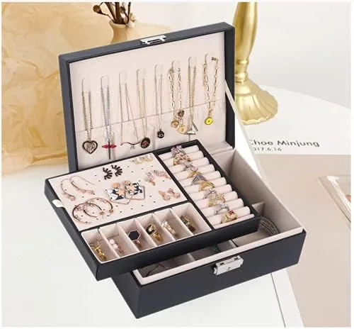 Vista 6 de Joyero para mujer cuero con candado organizador portátil de joyas de 2 capas y caja de almacenamiento collares pulseras anillos soporte para aretes