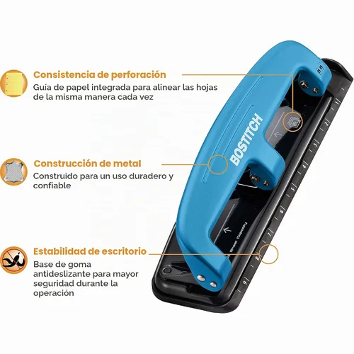 Vista 4 de Bostitch Office EZ Squeeze™ Perforadora de 3 agujeros con esfuerzo reducido, 12 hojas, azul (2103), 12 hojas azul