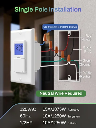Vista 8 de BN-LINK Interruptor Temporizador Programable de Pared de 7 Días para Luces, Interruptor de Luz Digital Temporizador para Interiores, Polo Simple y 3