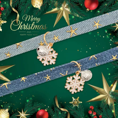 Vista 2 de Paquete de 2 Collares para Gatos Separables de Algodón con Campana Azul Oscuro y Azul Claro con Colgante de Copo de Nieve Blanco Lindo Collar