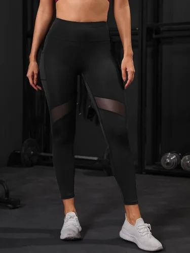 Vista 3 de MakeMeChic Leggings deportivos de cintura alta con inserción de malla para mujer, con bolsillo para teléfono