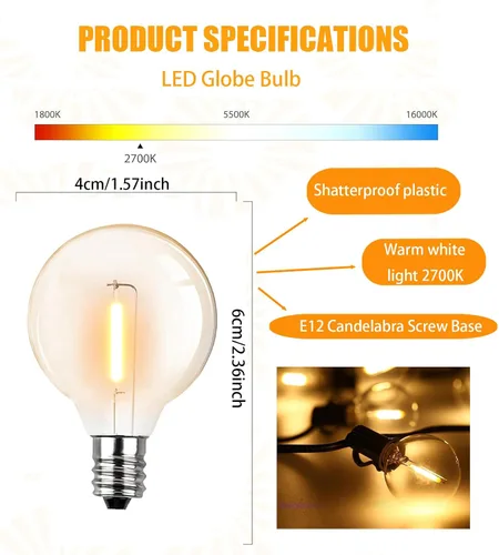 Vista 2 de Bombillas LED G40 de repuesto, bombilla LED de plástico transparente de 1 W, se adapta a enchufes de base de tornillo de candelabro E12 C7
