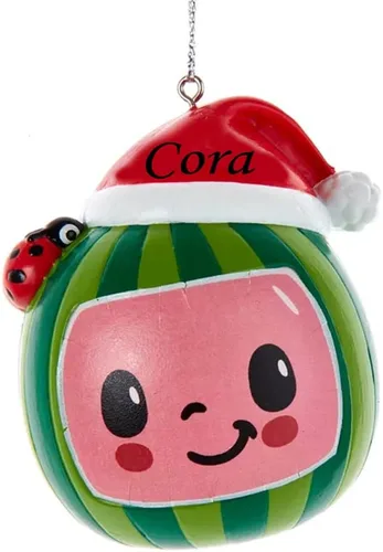 Vista 3 de Cocomelon - Adorno de Navidad con licencia oficial de sandía, sombrero de Papá Noel, decoración para árbol de Navidad con nombre personalizado