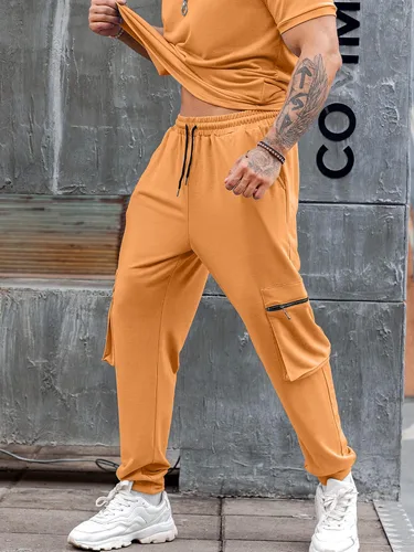 Vista 3 de Babioboa Conjunto de 2 piezas de camiseta y pantalones deportivos para hombre, con bolsillo con solapa, pantalones deportivos holgados y lisos