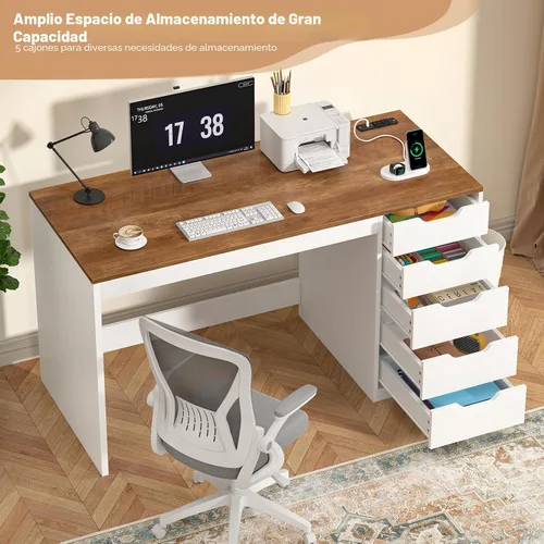 Vista 4 de YOMILUVE Escritorio para computadora de 47 pulgadas con 5 cajones y tomas de corriente, escritorios de oficina en casa con archivador de marrón