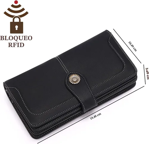 Vista 4 de FALAN MULE Cartera de cuero para mujer, de gran capacidad, bifold, con bloqueo RFID, tarjetero con bolsillo para monedas con cremallera Aa-negro.