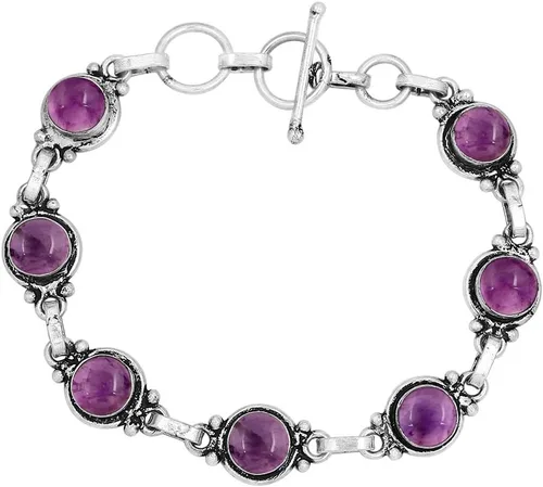Vista 92 de Round Shape Natural & Synthetic Gemstones Silver Plated Bracelets for Women - Vintage Bohemian Style Handmade Birthstone Adjustable Link Bracelet