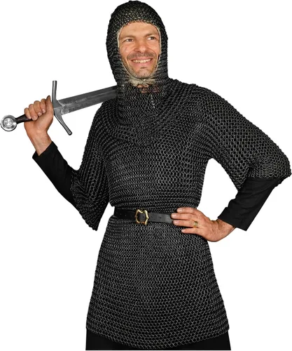 Vista 8 de Coif de malla medieval caballero renacentista armadura de malla capucha vikinga LARP 16 calibre Negro
