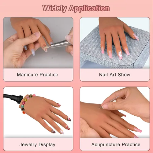Vista 6 de Mano de práctica para uñas acrílicas, mano de práctica de uñas de silicona con soporte de soporte, práctica de uñas flexible y flexible, maniquí