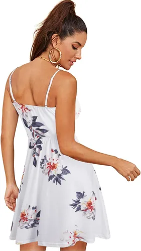 Vista 2 de Newshows - Vestido de verano para mujer, con tirantes delgados, floral, sin mangas, cuello en V, casual, con vuelo y bolsillos