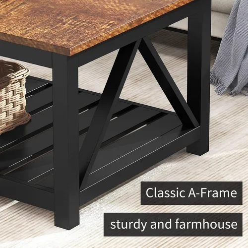 Vista 6 de Mesa de café ChooChoo negra, mesa rústica vintage con estante para sala de estar, 40 pulgadas