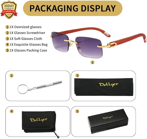 Vista 8 de Dollger Lentes de sol rectangulares sin montura para hombres y mujeres, hip-hop de madera, pequeños lentes de sol cuadrados sin marco de los años 70