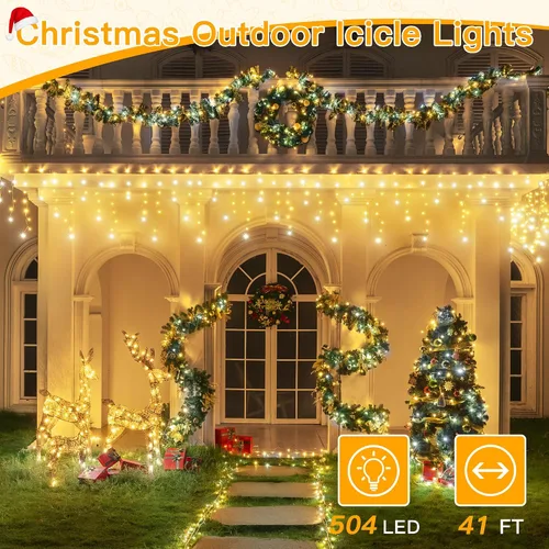 Vista 2 de Ollny Luces de carámbano de 504 LED/41 pies, blancas cálidas y frías, con control remoto, 8 modos, temporizadores, impermeables, colgantes