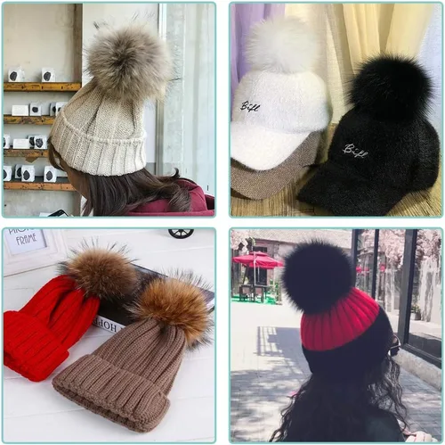 Vista 5 de SIQUK 36 pompones de piel sintética para manualidades, pompón esponjoso con lazo elástico para sombreros, bufandas, guantes, bolsas, accesorios