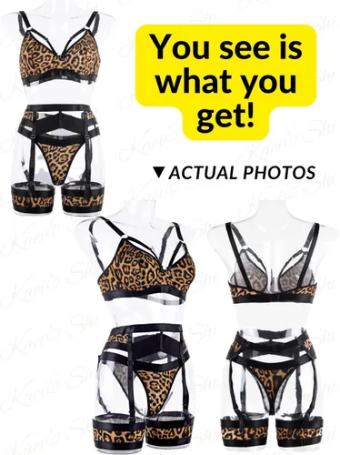 Vista 3 de Kaei&Shi - Lencería con liguero para mujer, conjunto de encaje traslúcido y sexy de 4 piezas combinadas