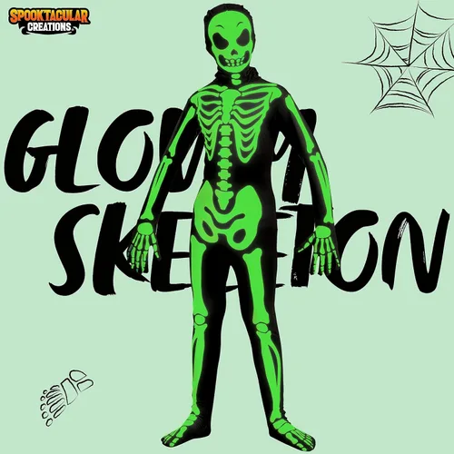 Vista 2 de Spooktacular Creations Disfraz de esqueleto para niños, unisex que brilla en la oscuridad, body de esqueleto con máscara para niños y niñas