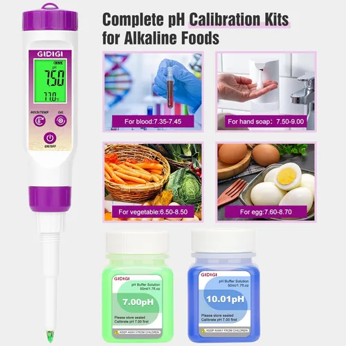 Vista 4 de Medidor de pH Digital Electrónico para Alimentos Probador de pH para Fermentación Kits de Solución de Calibración de Tampón de pH de 3*50ml Sonda